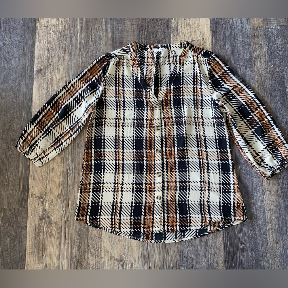 Maurices Black White and Brown Plaid Button-Up Blouse